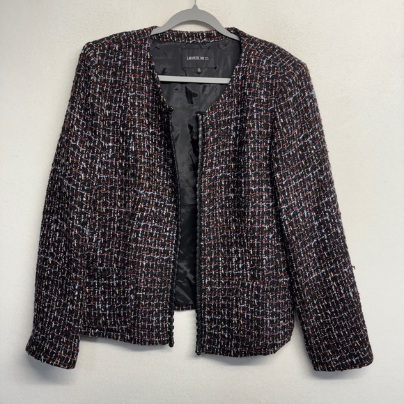 Lafayette 148 Leather Trimmed Tweed Wool Blend Blazer Jacket Black Red 14 - Picture 1 of 7
